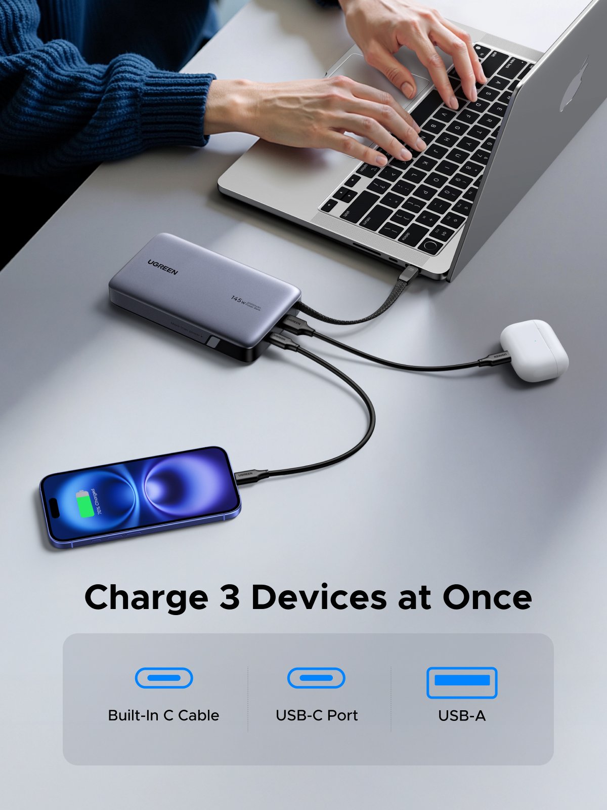 UGREEN 20000mAh 145W Power Bank with Built-in Cable - Image 8