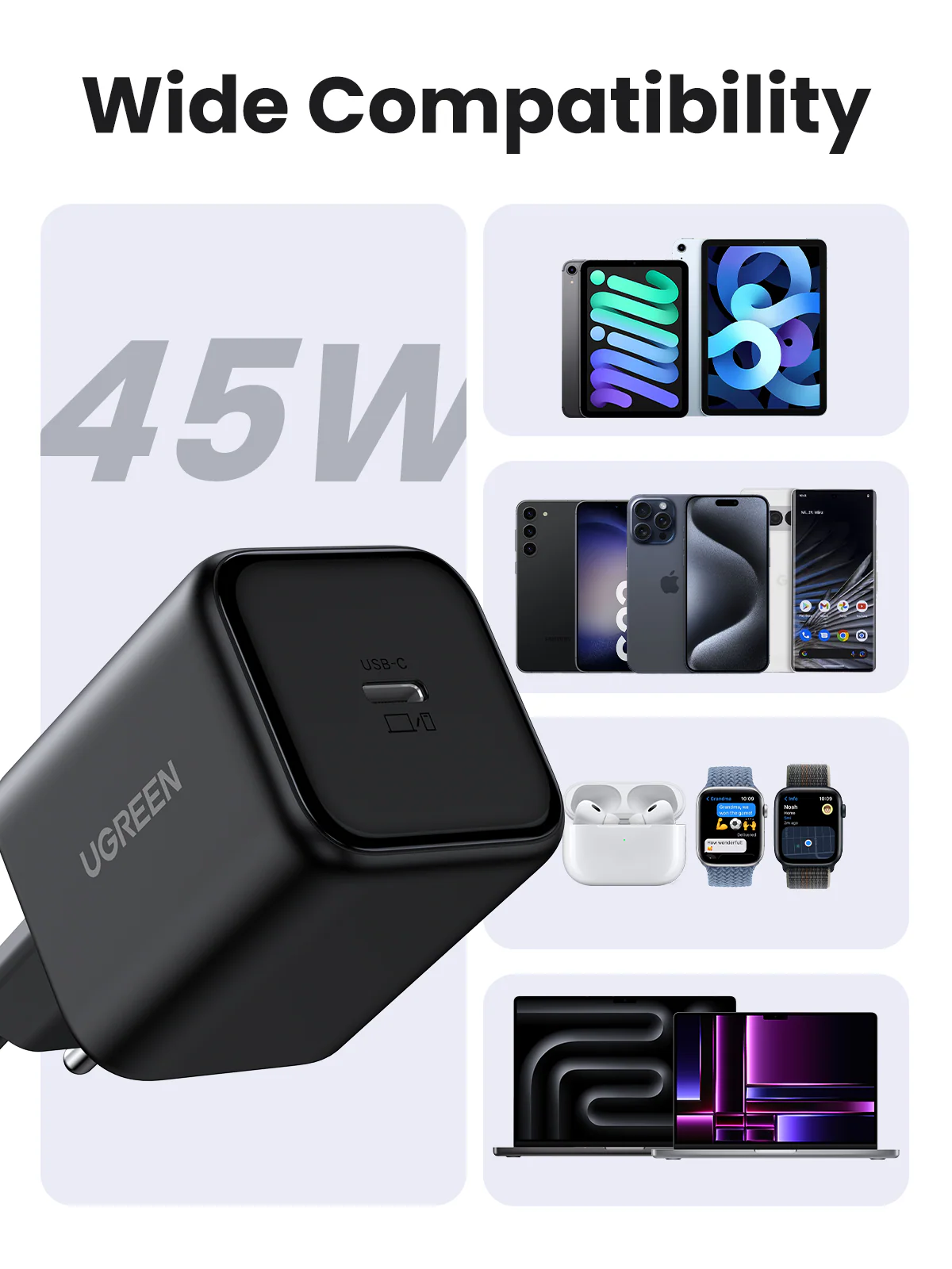شاحن UGREEN USB-C GaN سريع 45 واط أوروبي - الصورة 3