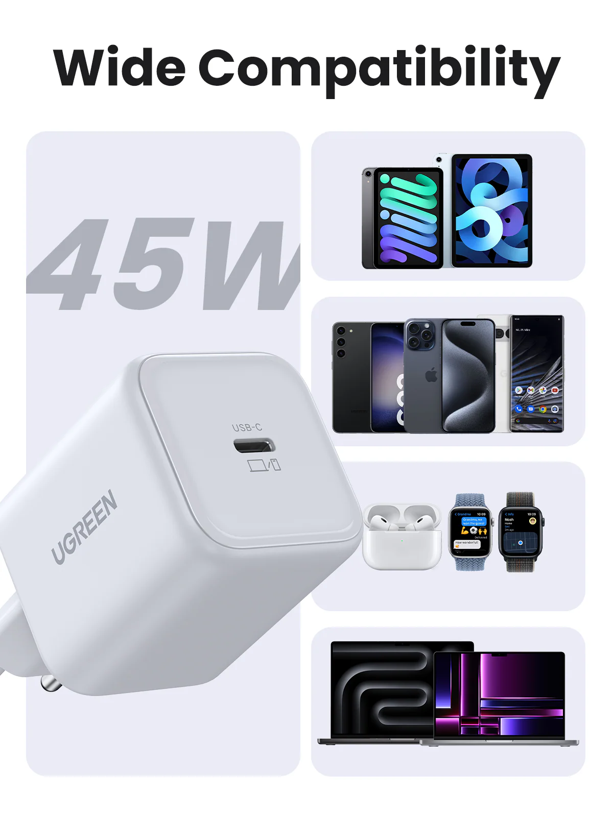 شاحن UGREEN USB-C GaN سريع 45 واط أوروبي - الصورة 4
